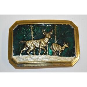 1976 Vintage Colorful Green DEER in Snow Hunter Brass Tone Belt Buckle Rare